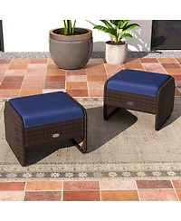 2 Pieces Outdoor Patio Pe Wicker Ottomans with Removable Cushions Footstools