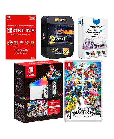 Nintendo Switch Oled Console Mario Kart 8 Bundle with Super Smash Bros: Ultimate, Nso 12 Month Family Membership, MightySkins Console and Controller S