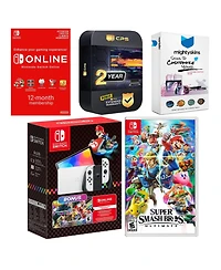 Nintendo Switch Oled Console Mario Kart 8 Bundle with Super Smash Bros: Ultimate, Nso 12 Month Family Membership, MightySkins Console and Controller S