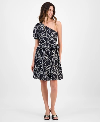 Women's Embroidered Cotton Asymmetric One-Shoulder Fit & Flare Dress