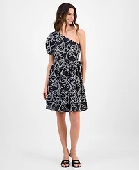 Women's Embroidered Cotton Asymmetric One-Shoulder Fit & Flare Dress