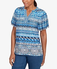 Ruby Rd. Petite Motif Stripe Embroidered Puff Print T-Shirt