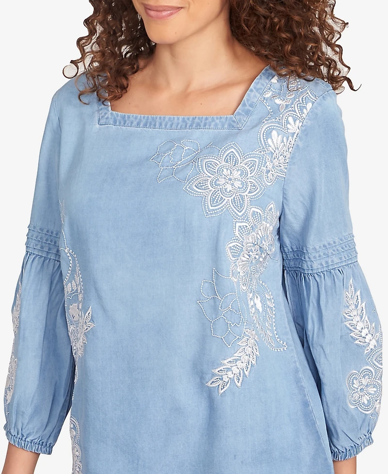 Ruby Rd. Petite Floral Embroidered Square Neck Top