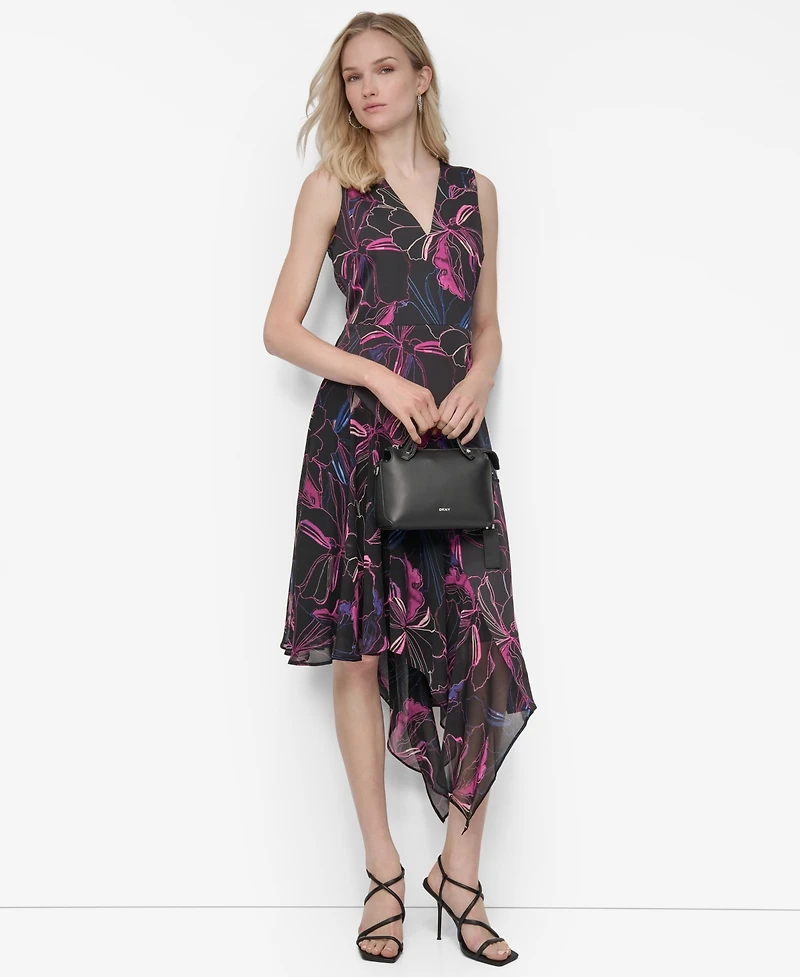 Dkny Women's V-Neck Sleeveless Asymmetrical Midi Dress