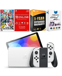 Nintendo Switch White Oled Console with Super Smash Bros: Ultimate, Nso 12 Month Family Membership, MightySkins Console and Controller Skin Voucher