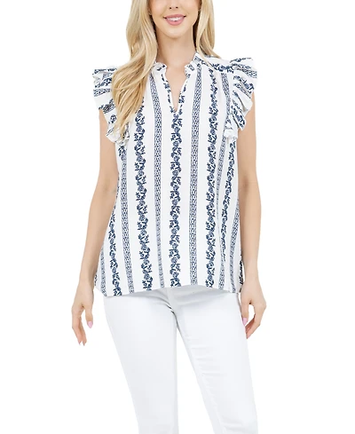 Fever Women's V-Neck Henley Button Front W/Puff Short Sleeve Top
