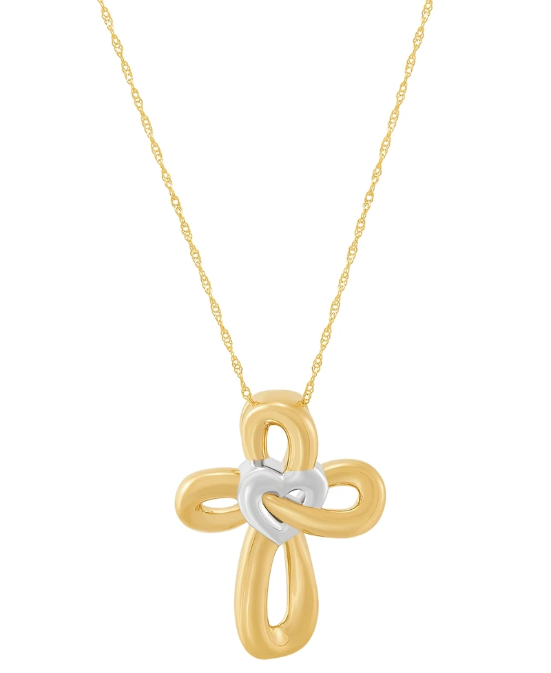 Two-Tone Polished Heart & Cross Curvy 18" Pendant Necklace in 14k Gold