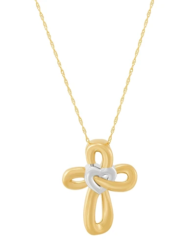 Two-Tone Polished Heart & Cross Curvy 18" Pendant Necklace in 14k Gold