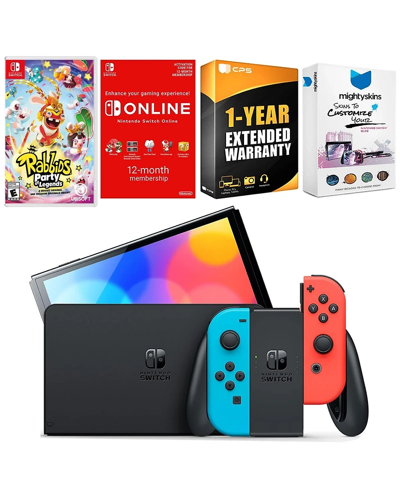 Nintendo Switch Neon Red & Blue Oled Console with Rabbids: Party of Legends, Nso 12 Month Family Membership