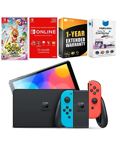 Nintendo Switch Neon Red & Blue Oled Console with Rabbids: Party of Legends, Nso 12 Month Family Membership