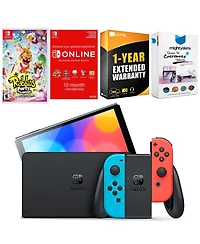 Nintendo Switch Neon Red & Blue Oled Console with Rabbids: Party of Legends, Nso 12 Month Family Membership