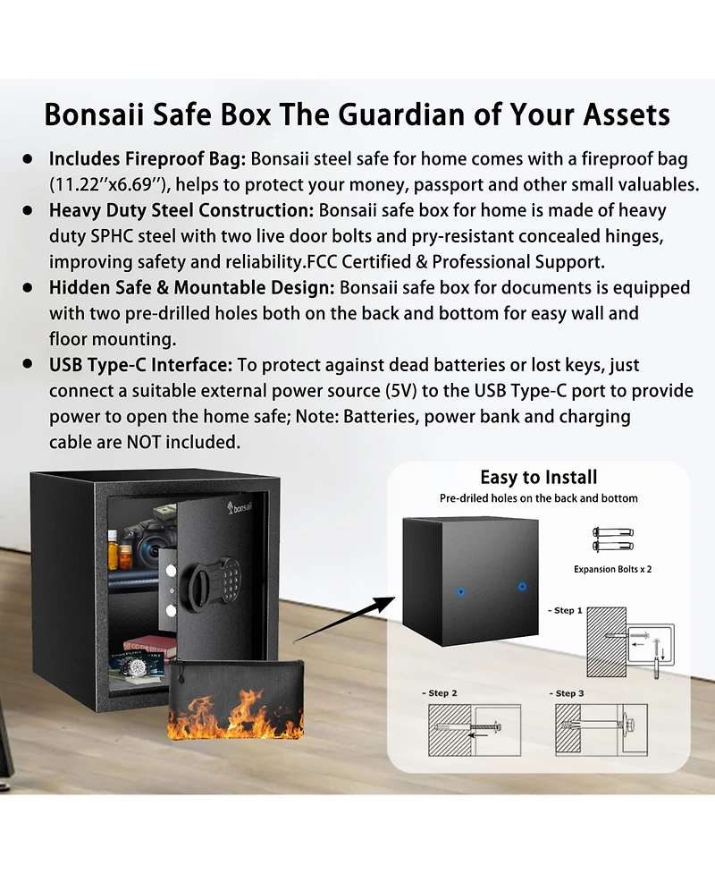 Bonsaii Security Safe Box with Money Bag, 1.28 Cubic Feet Large Document Safe Box for Home, Digital Keypad Lock, Removable Shelf for Money, Medicine,