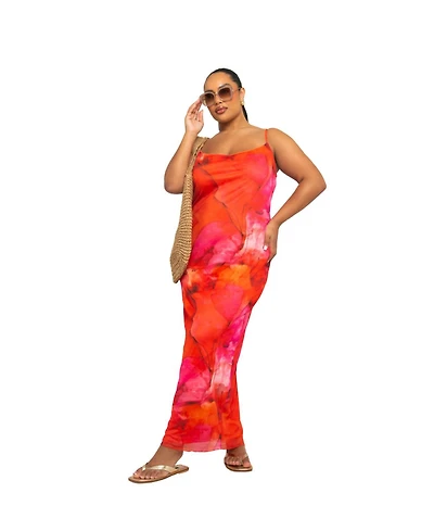 Fashion-szn Curve Women's Strappy Abstract Print Mesh Maxi Dress