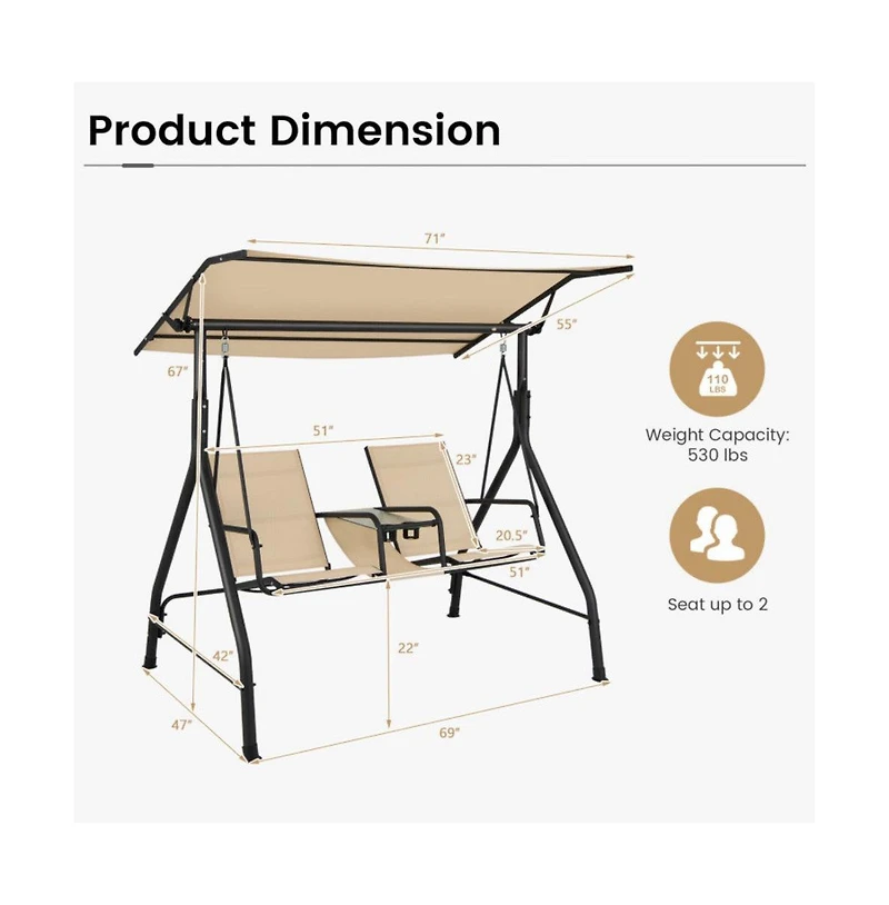 2-Seat Outdoor Cushioned Porch Swing with Adjustable Canopy and Tempered Glass Table