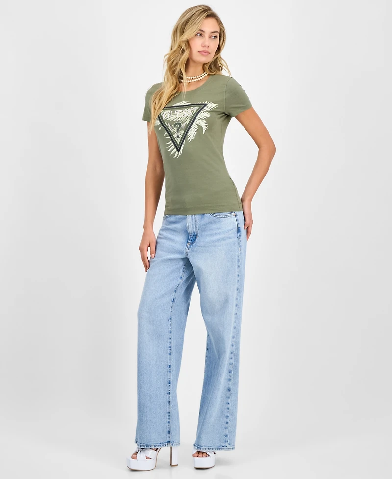 Guess Women's Palm-Print Triangle Logo T-Shirt