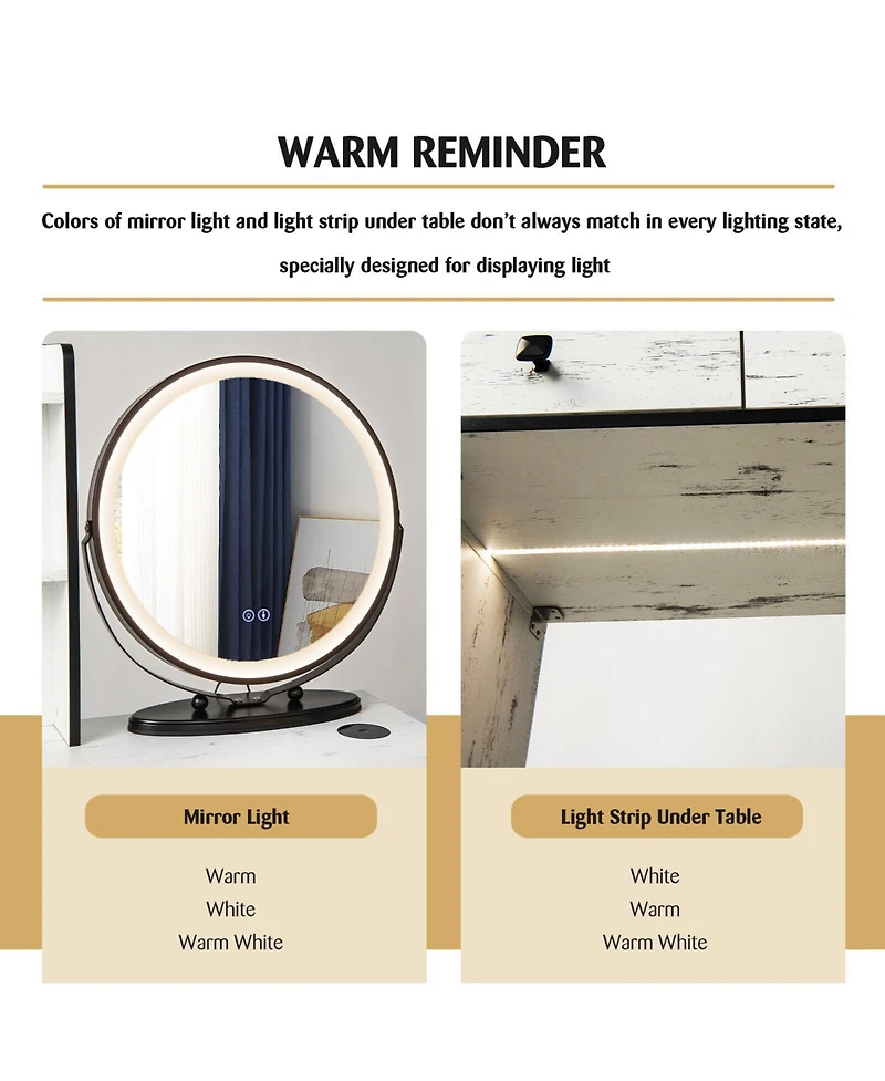 Vanity Table Set with 3-Color Lighted Mirror and Cushioned Stool