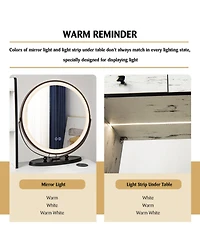 Vanity Table Set with 3-Color Lighted Mirror and Cushioned Stool