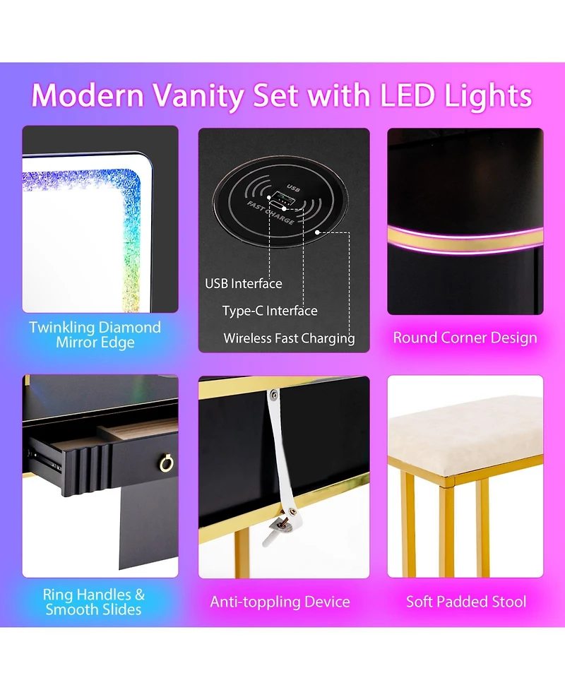 Vanity Table Set with Rgb Led Lights and Wireless Charging Station