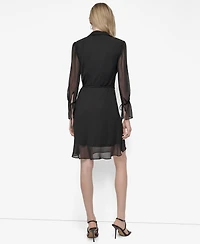 Dkny Women's Chiffon Tie-Collar Long-Sleeve Trapeze Dress