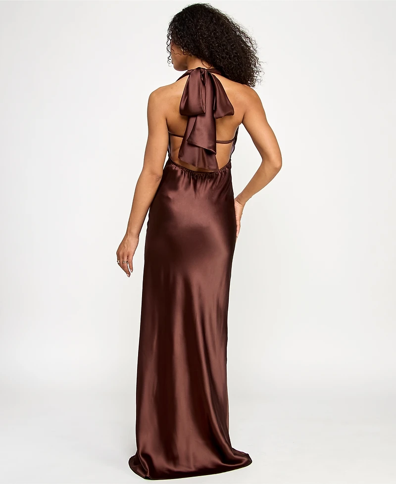 Katia Rae Juniors' Satin Cowl-Neck Halter Gown