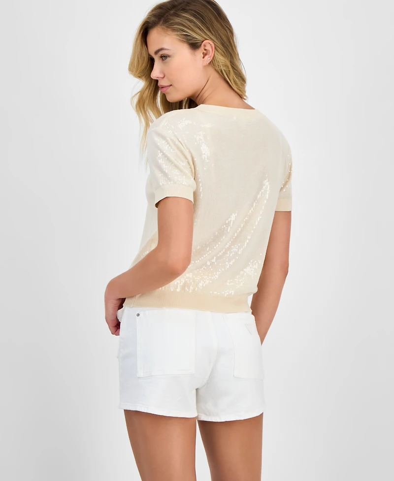 Guess Women's Sequin Printed Short-Sleeve Sweater
