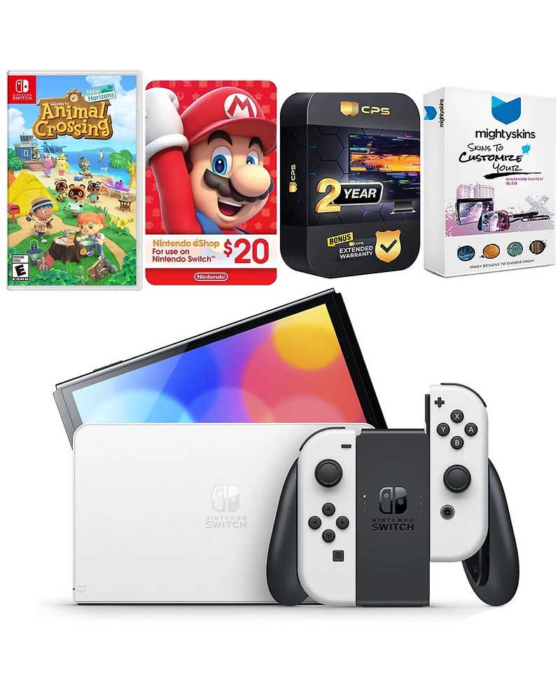 Nintendo Switch White Oled Console with Animal Crossing New Horizons, Nintendo $20 eShop Gift Card, MightySkins Console and Controller Skin Voucher, a