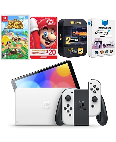 Nintendo Switch White Oled Console with Animal Crossing New Horizons, Nintendo $20 eShop Gift Card, MightySkins Console and Controller Skin Voucher, a