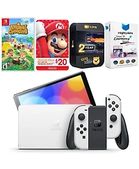 Nintendo Switch White Oled Console with Animal Crossing New Horizons, Nintendo $20 eShop Gift Card, MightySkins Console and Controller Skin Voucher, a