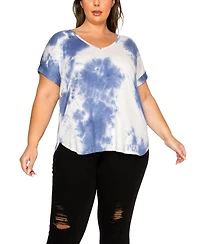 Coin 1804 Plus Tie Dye V-Neck Rolled Sleeve Dolman T-Shirt