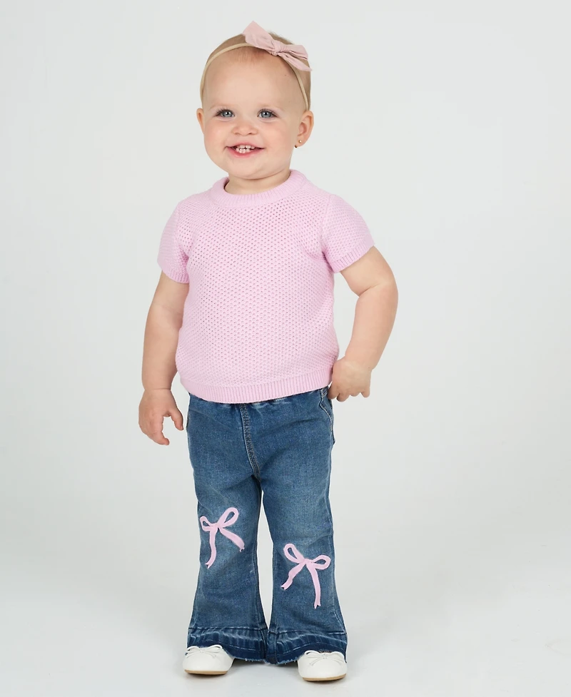 Rare Editions Baby Girls 2-Piece Knit Top and Bow Flare Jeans Set