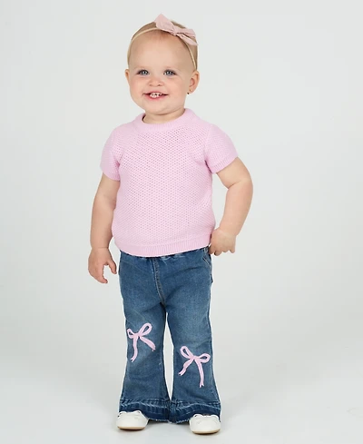 Rare Editions Baby Girls 2-Piece Knit Top and Bow Flare Jeans Set