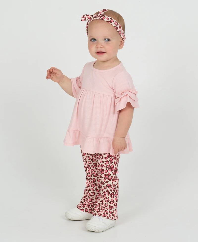 Rare Editions Baby Girls 3-Piece Ruffle Top, Leopard Flare Pants and Headband Set