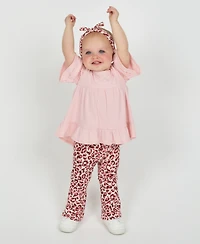 Rare Editions Baby Girls 3-Piece Ruffle Top, Leopard Flare Pants and Headband Set