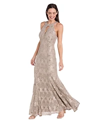 R & M Richards Women's Sequin Lace Keyhole Halter Gown