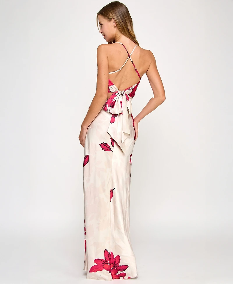 Seni & Cade Juniors' Floral-Print Satin Spaghetti-Strap Gown
