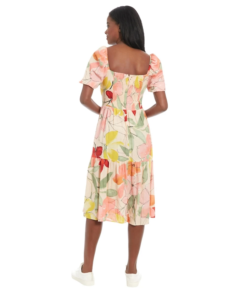 London Times Women's Floral-Print Square-Neck Puff Midi Dress