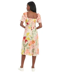 London Times Women's Floral-Print Square-Neck Puff Midi Dress