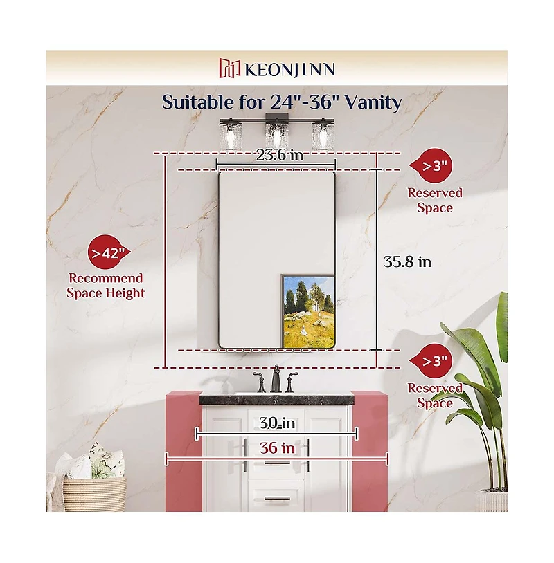 Keonjinn 24x36 Inch Brushed Gold Bathroom Vanity Mirror Tempered Glass Metal Framed