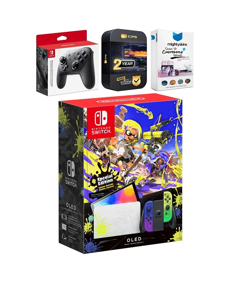 Nintendo Switch Oled Splatoon 3 Special Edition with Pro Controller, MightySkins Console and Controller Skin Voucher and 2 Year Cps Extended Warranty
