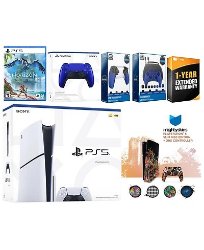 Sony Playstation 5 Slim Disc with Horizon Forbidden West, Extra Controller, Gamer Kit, Trigger Kit and MightySkins Decal Voucher + 1 Year Cps Extended