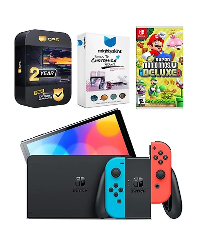 Nintendo Switch Neon Red & Blue Oled Console with New Super Mario Bros. U Deluxe, MightySkins Console and Controller Skin Voucher, and 2 Year Cps Exte