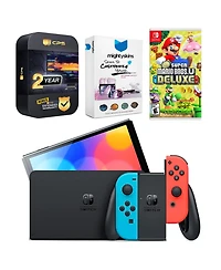 Nintendo Switch Neon Red & Blue Oled Console with New Super Mario Bros. U Deluxe, MightySkins Console and Controller Skin Voucher, and 2 Year Cps Exte