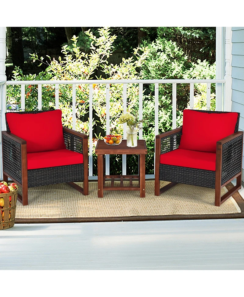 Gymax 3PCS Rattan Wicker Patio Conversation Set Outdoor Furniture Set w/ Red Cushion