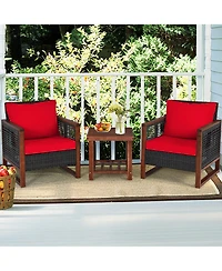 Gymax 3PCS Rattan Wicker Patio Conversation Set Outdoor Furniture Set w/ Red Cushion