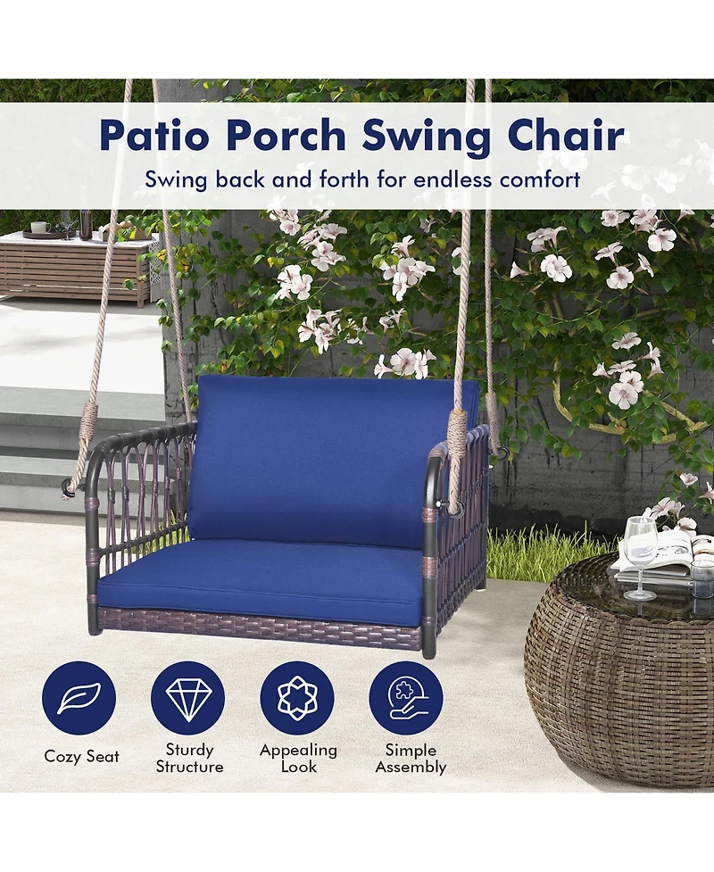 Gymax Patio Rattan Porch Swing Single Person Hanging Seat w/ Seat & Back Cushions Backyard