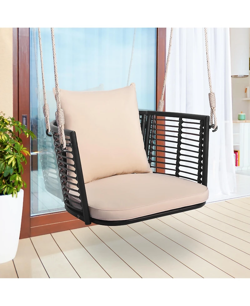 Gymax Outdoor Metal Porch Swing Single Person Hanging Seat w/ Woven Rattan Backrest Porch Backyard