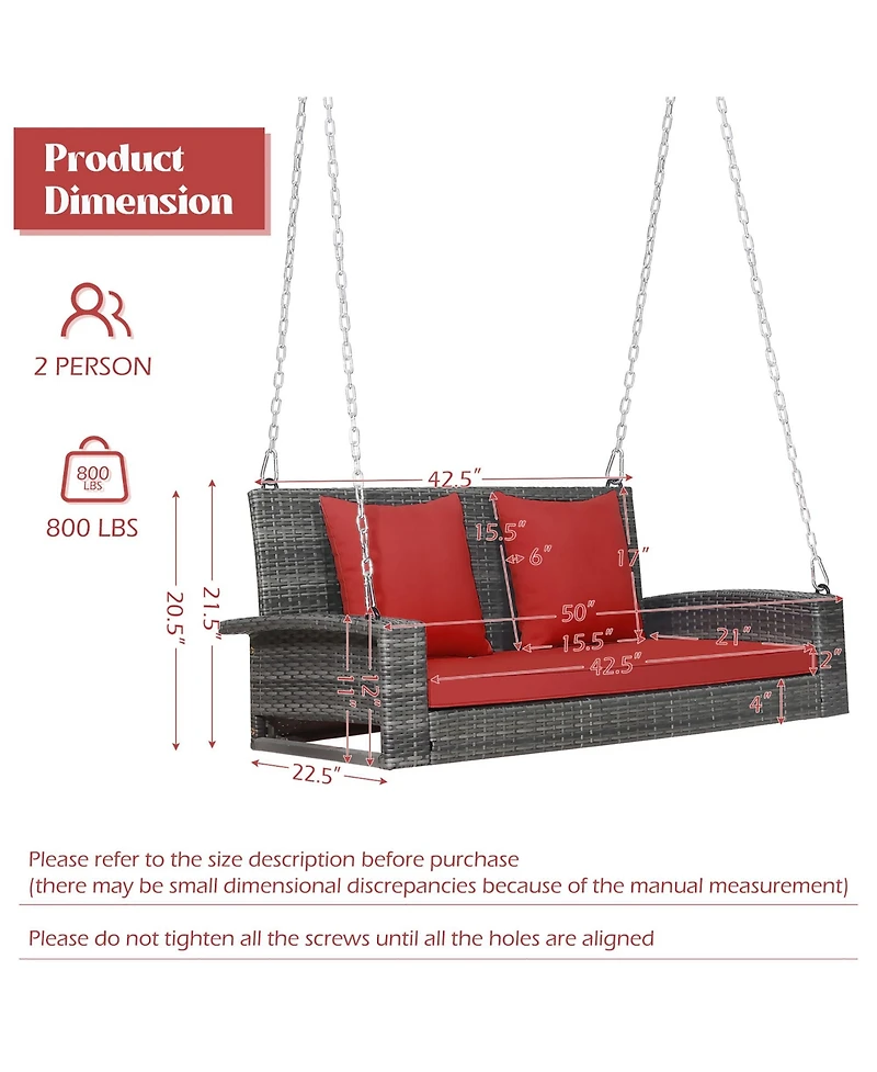 Gymax 2-Person Patio Hanging Porch Swing Rattan 800LBS Bench w/ Cushions