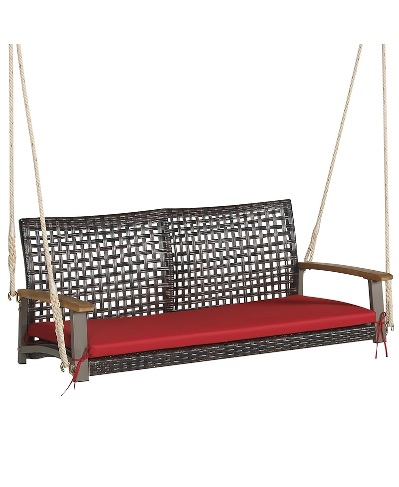 Gymax 2-Seat Rattan Porch Swing Chair Outdoor Wicker Bench W/ Seat Cushion Red