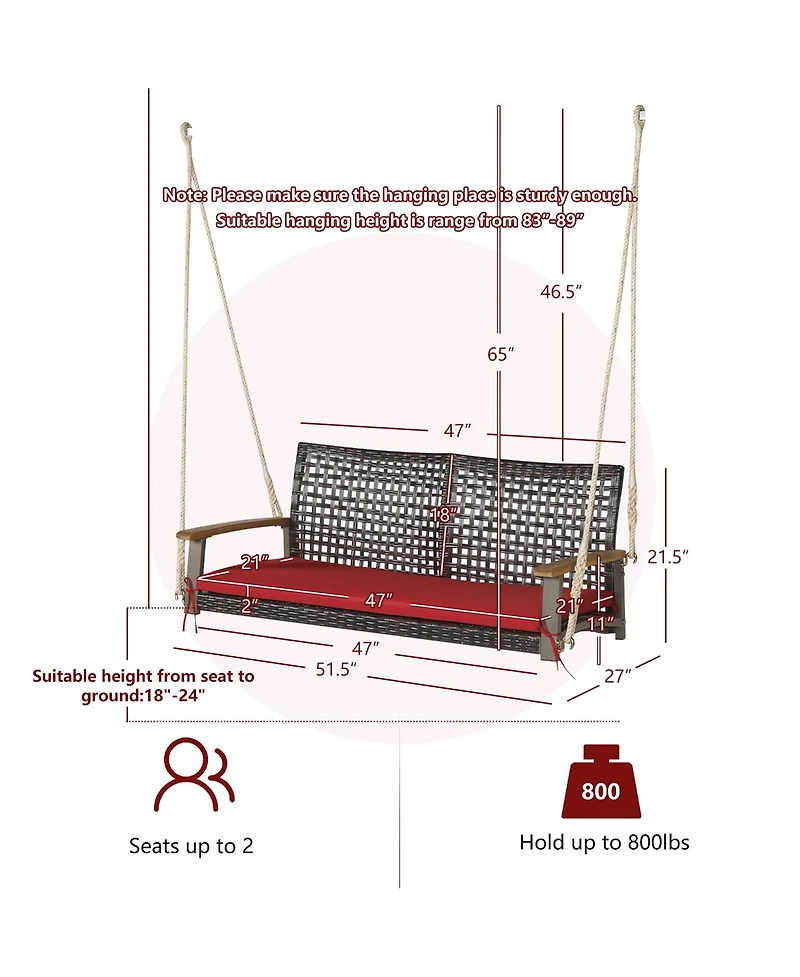 Gymax 2-Seat Rattan Porch Swing Chair Outdoor Wicker Bench W/ Seat Cushion Red
