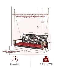 Gymax 2-Seat Rattan Porch Swing Chair Outdoor Wicker Bench W/ Seat Cushion Red